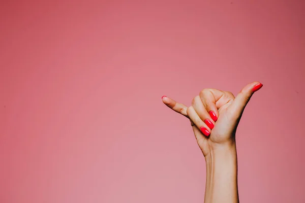 Woman Hands Bright Manicure Isolated Pink Background Call Sign — Stock Photo, Image