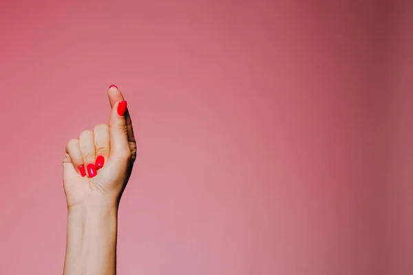 Woman Snapping Hand Bright Manicure Isolated Pink Background — Stock Photo, Image