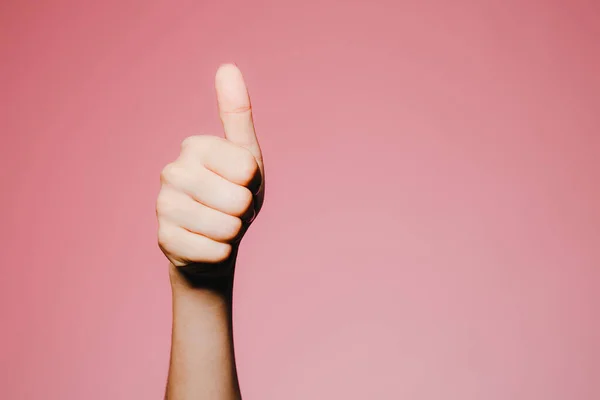 Woman Hand Bright Manicure Isolated Pink Background Thumb Raised — Stock Photo, Image