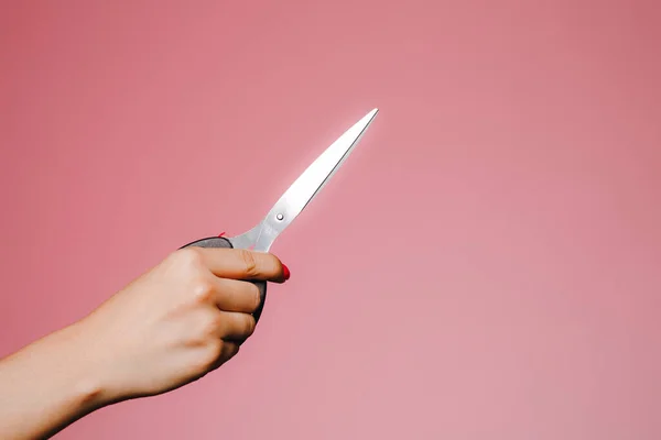 Woman Hand Scissors Isolated Pink Background — Stock Photo, Image