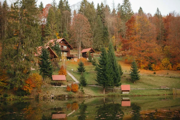 Paisagem Rural Outono Árvores Outono Perto Lago Casas Acolhedoras Para — Fotografia de Stock