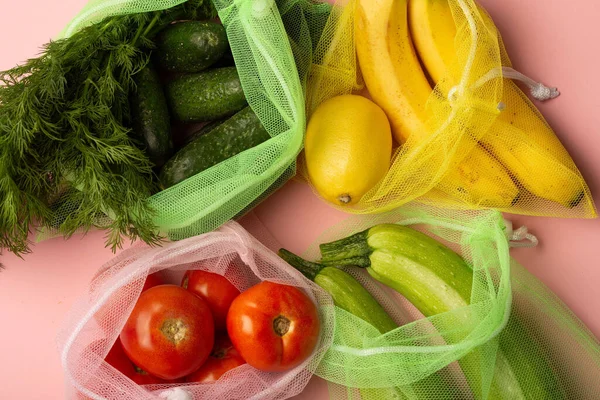 Vegetables Fruits Grocery Mech Pink Background Bananas Parsley Zuzzini Cucumbers — Stock Photo, Image