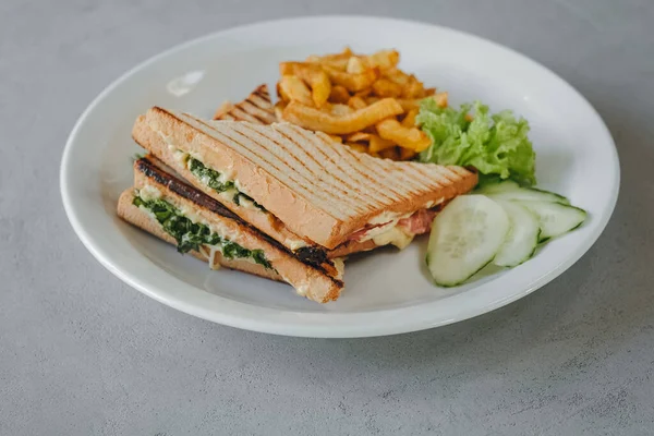 Horisontell Närbild Klubbsmörgås Med Pommes Frites Och Grönsaker Vit Tallrik — Stockfoto