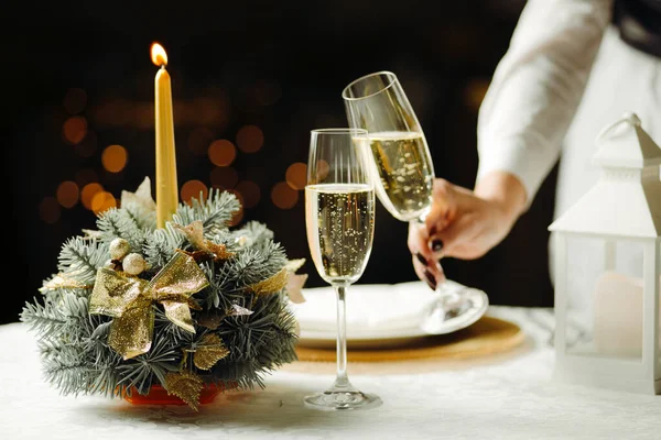 Horizontal Photo Woman Hand Holding Champagne Glasses Candle Lights Lights — Stock Photo, Image