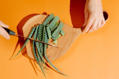Ahşap tahtada aloe vera yaprağı kesen kadının en iyi görüntüsü. El yapımı organik güzellik tedavisi..