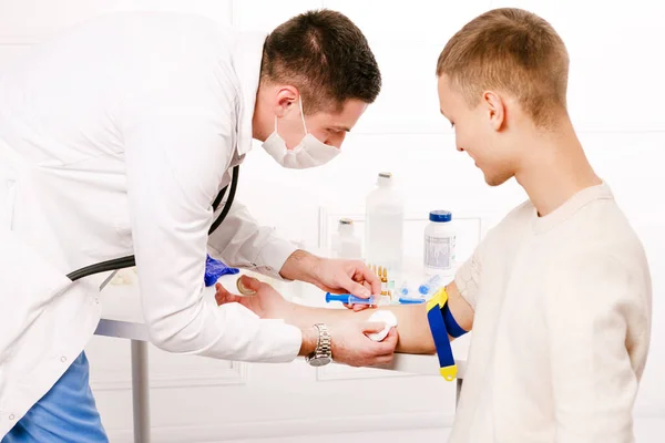 Doctors Hands Giving Flu Vaccine Hand Young Boy Patient Close — Stock Photo, Image