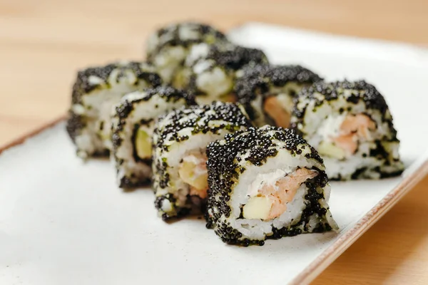 Sushi Set Roll California Salmon Makanan Untuk Qurantine Beras Nori — Stok Foto