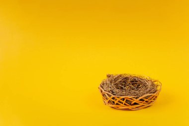 Sarı arka planda bir yuva. Paskalya kartpostalı kavramı. Çiftlikte organik et ve yumurta.