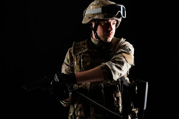 Soldier Gun Mission Black Background Concept War — Stock Photo, Image