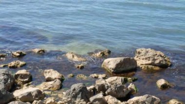 Kayalık deniz kıyısında. Sakin deniz.