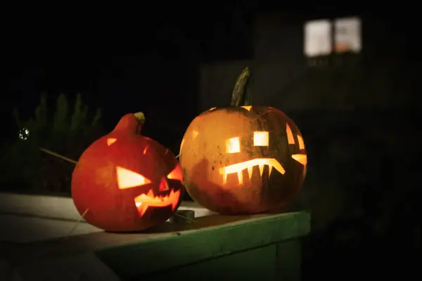 Front View Jack Lanterns Glowing Nigh — Stock Photo, Image