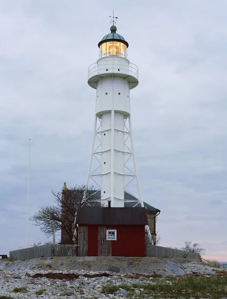 Low Angle View Lighthouse Illuminated Dusk — Stock Photo, Image