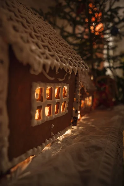 Illuminated Gingerbread House Fir Tree — Stock Photo, Image