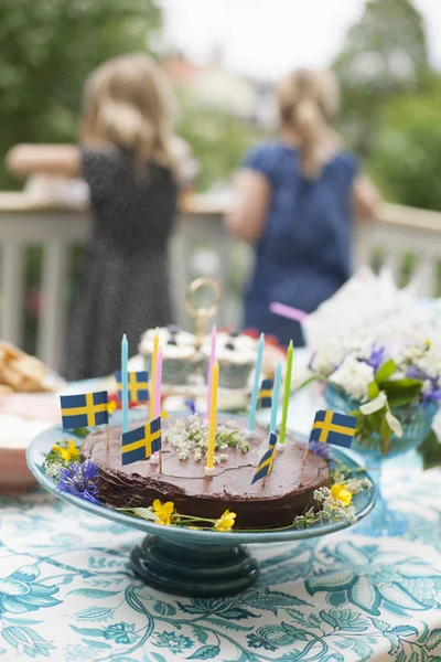 Birthday Cake Decorated Sweden Flags Table Girls Background — Stock Photo, Image