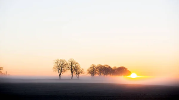天空中升起的太阳的薄雾景观 — 图库照片