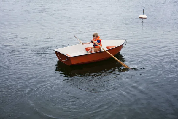 Boy Red Rowboat Selective Focus — Stock Photo, Image