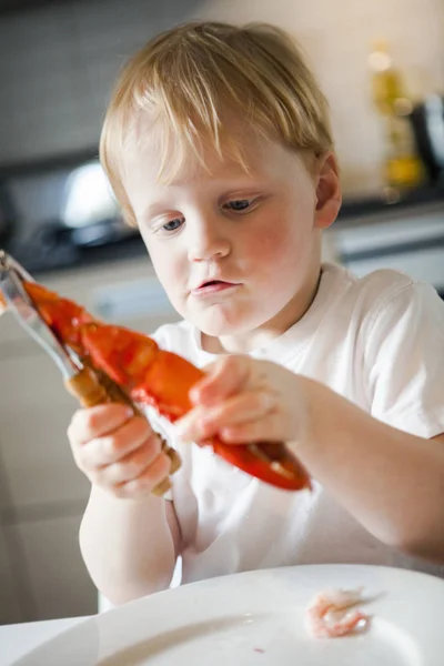 Chłopiec Jedzenie Raki Różnicowa Ostrości — Zdjęcie stockowe