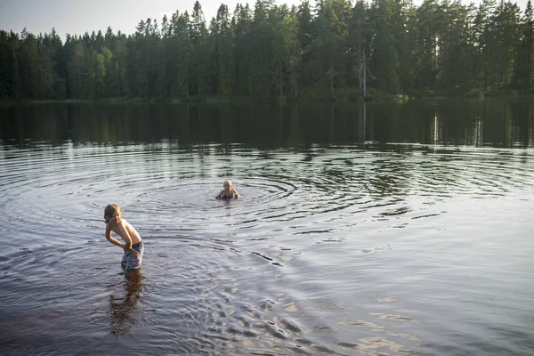 Boys Swimming River Selective Focus — Stock Photo, Image