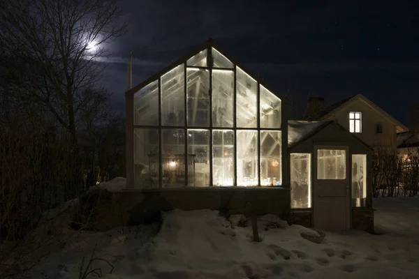 Exterior Illuminated Greenhouse Night Northern Europe — Stock Photo, Image