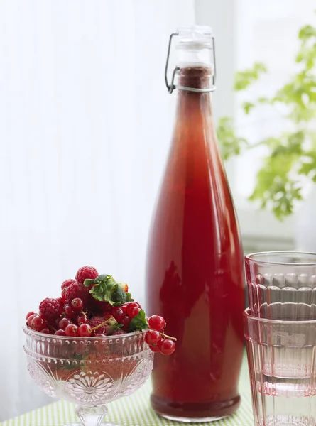 Raspberry Juice Bowl Fruits Focus Foreground — Stock Photo, Image