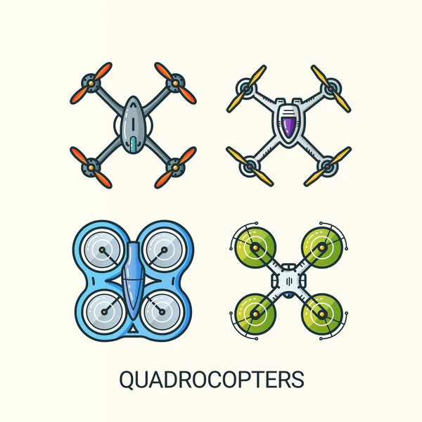 Platte lijn quadrocopters gedetailleerde pictogrammen — Stockvector