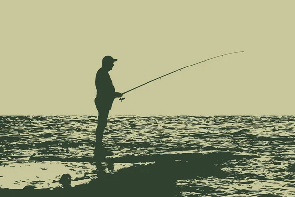 Pescador Orilla Con Una Caña Pescar Viejo Mar — Archivo Imágenes Vectoriales