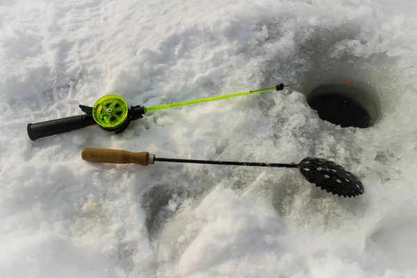 Vara Inverno Saltador Perto Dos Poços Pesca Inverno — Fotografia de Stock