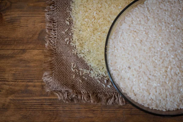 Rice Steamed Rice Wood Background Burlap Top View — Stock Photo, Image