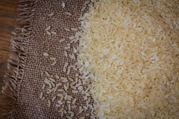 Rice Steamed Rice Wood Background Burlap Top View — Stock Photo, Image