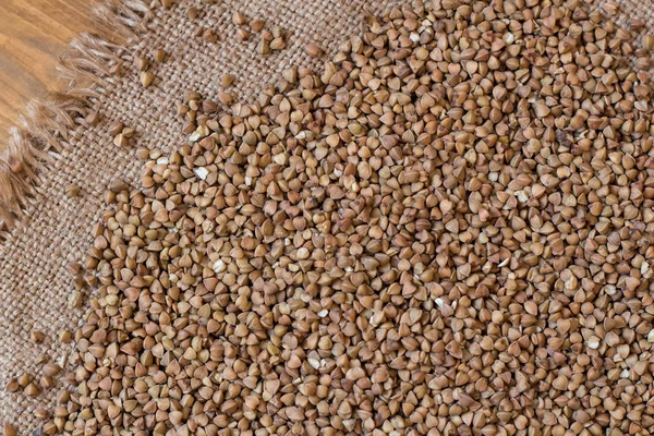 Buckwheat Buckwheat Wood Background Burlap Top View — Stock Photo, Image