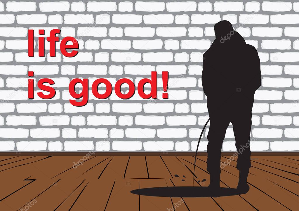 pissing guy. Black and white silhouette of a guy peeing against a brick wall with the words life is goot