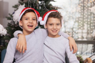 Güzel ikiz kardeşler Noel 'i evde kutluyor.
