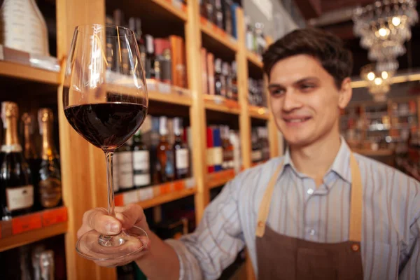 Jovem sommelier masculino trabalhando na loja de vinhos — Fotografia de Stock