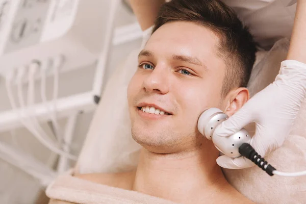 Happy Handsome Man Having Skincare Treatment Professional Cosmetologist — Stock Photo, Image