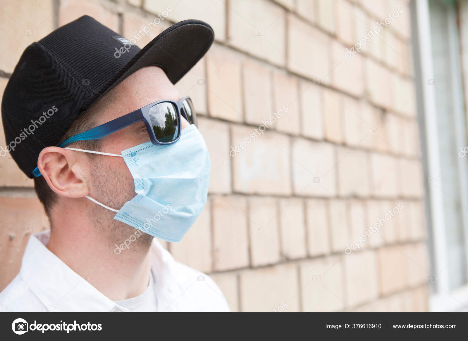 Profile Close Man Wearing Sunglasses Medical Protective Mask While