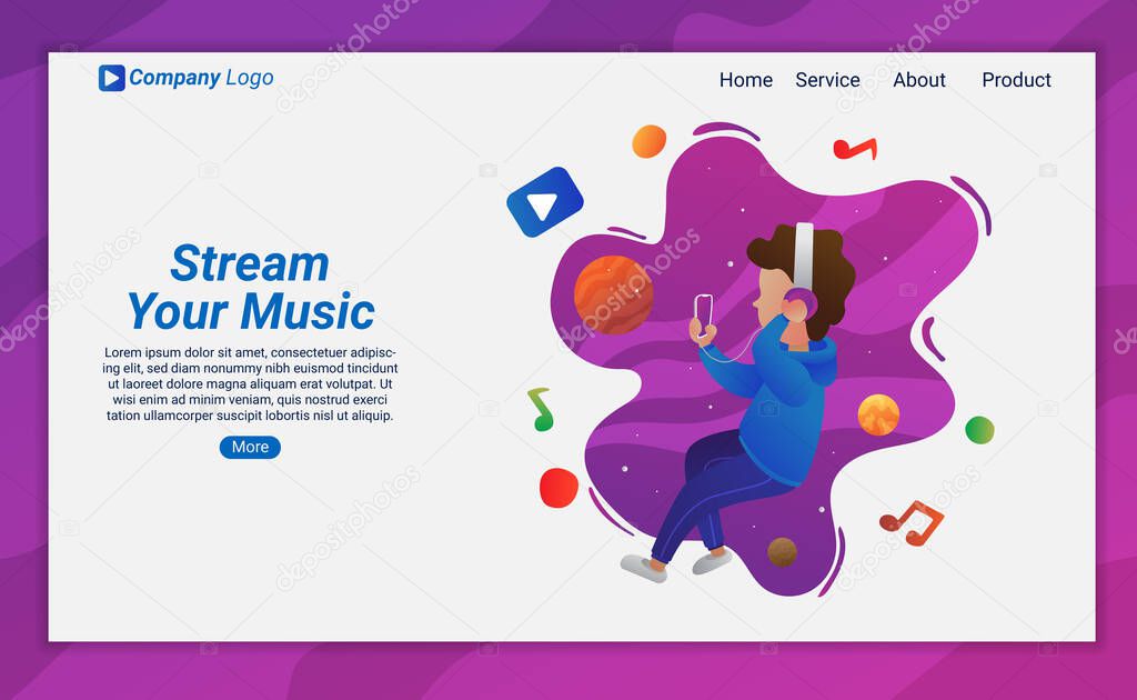 a Boy listening music with a headphone Landing Page Illustration