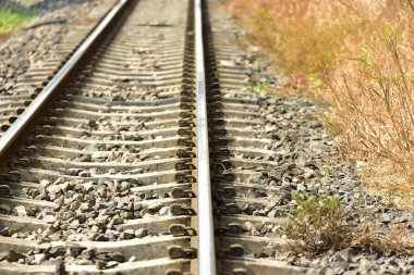 Demiryolu Parça uzunluğu. Railroad.Train demiryolu closeup izler.