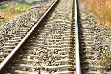 Demiryolu Parça uzunluğu. Railroad.Train demiryolu closeup izler.