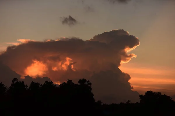 Sunset Sky Evening Golden Clouds Orange Beautiful Shape Resembles Gotzila — Stock Photo, Image