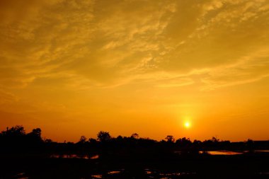 Alanın ortasında güzel altın gökyüzü günbatımı.