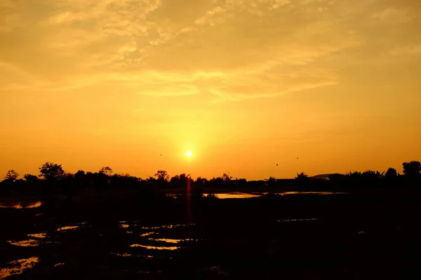 夕暮れ時のカラフルな空 国の側面での日の出 オレンジ色の雲が夕方に太陽光を反射します — ストック写真