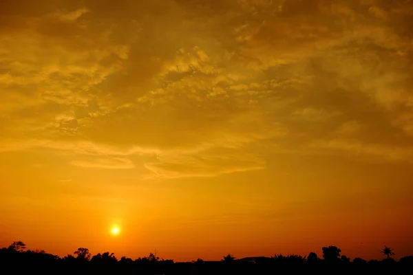 田野中央有美丽的金色天空的日落 — 图库照片
