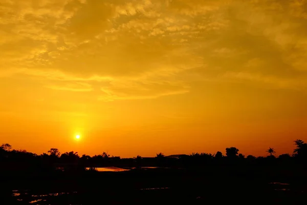 Pôr Sol Com Belo Céu Dourado Meio Campo — Fotografia de Stock