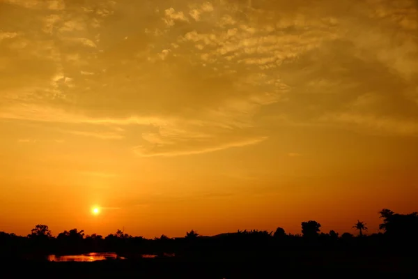 Zachód Słońca Piękne Niebo Złote Środku Pola — Zdjęcie stockowe