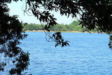 Lake görünümü orada güzel bulutlu bir gökyüzü ise yeşil dağların ağaçları ile.