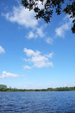 Lake görünümü orada güzel bulutlu bir gökyüzü ise yeşil dağların ağaçları ile.
