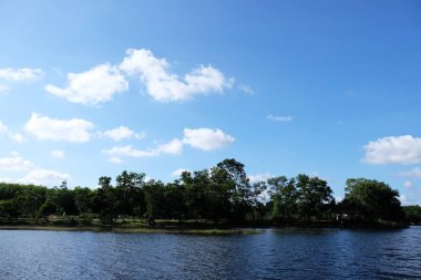 Göl Manzaralı orada ağaçlarıyla güzel bulutlar ve Yeşil dağlar vardır.