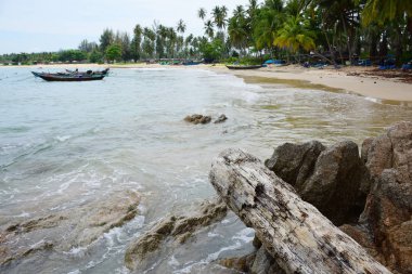 Güzel bir plaj, beyaz dalgalar, kayalar ve balıkçı tekneleri, esinti, güneş parlak gün ışığında beyaz kum plaj. Güzel bir plaj, temiz su, güzel plajları ve dalgalar. Güneşli bir günde
