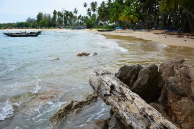 Güzel bir plaj, beyaz dalgalar, kayalar ve balıkçı tekneleri, esinti, güneş parlak gün ışığında beyaz kum plaj. Güzel bir plaj, temiz su, güzel plajları ve dalgalar. Güneşli bir günde