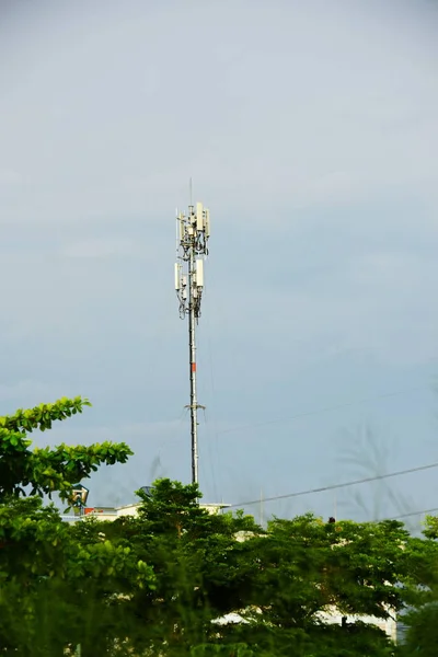 Antena Telecom Tower Communication Com Nascer Sol Tecnologia Background Silhouette — Fotografia de Stock